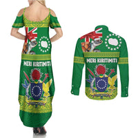 Cook Islands Meri Kiritimiti Couples Matching Summer Maxi Dress and Long Sleeve Button Shirt Christmas Turtle - Cooks Islands Emblems and Polynesian Art Pattern LT03 - Polynesian Pride