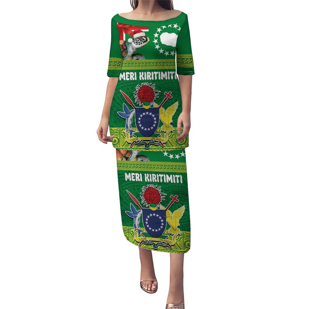 Cook Islands Meri Kiritimiti Puletasi Christmas Turtle - Cooks Islands Emblems and Polynesian Art Pattern LT03 Long Dress Green - Polynesian Pride