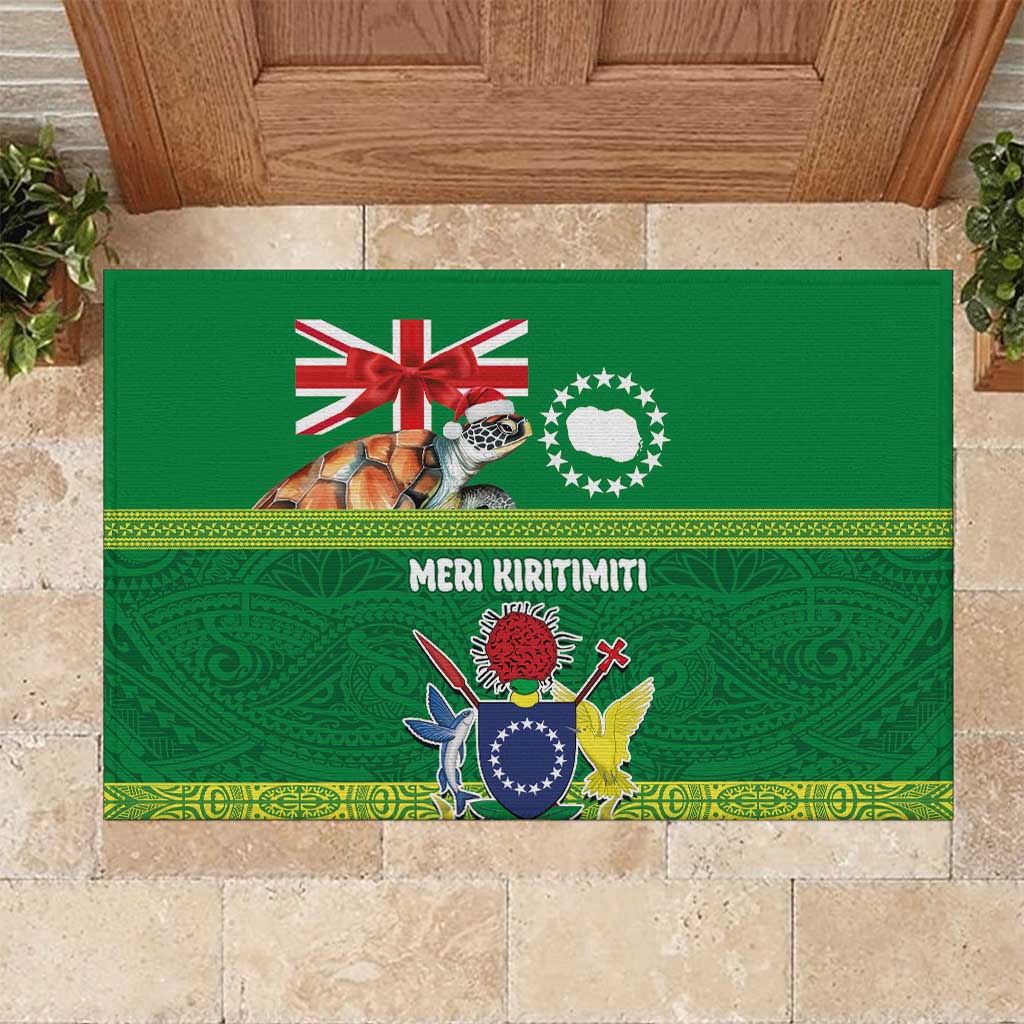Cook Islands Meri Kiritimiti Rubber Doormat Christmas Turtle - Cooks Islands Emblems and Polynesian Art Pattern LT03 Green - Polynesian Pride