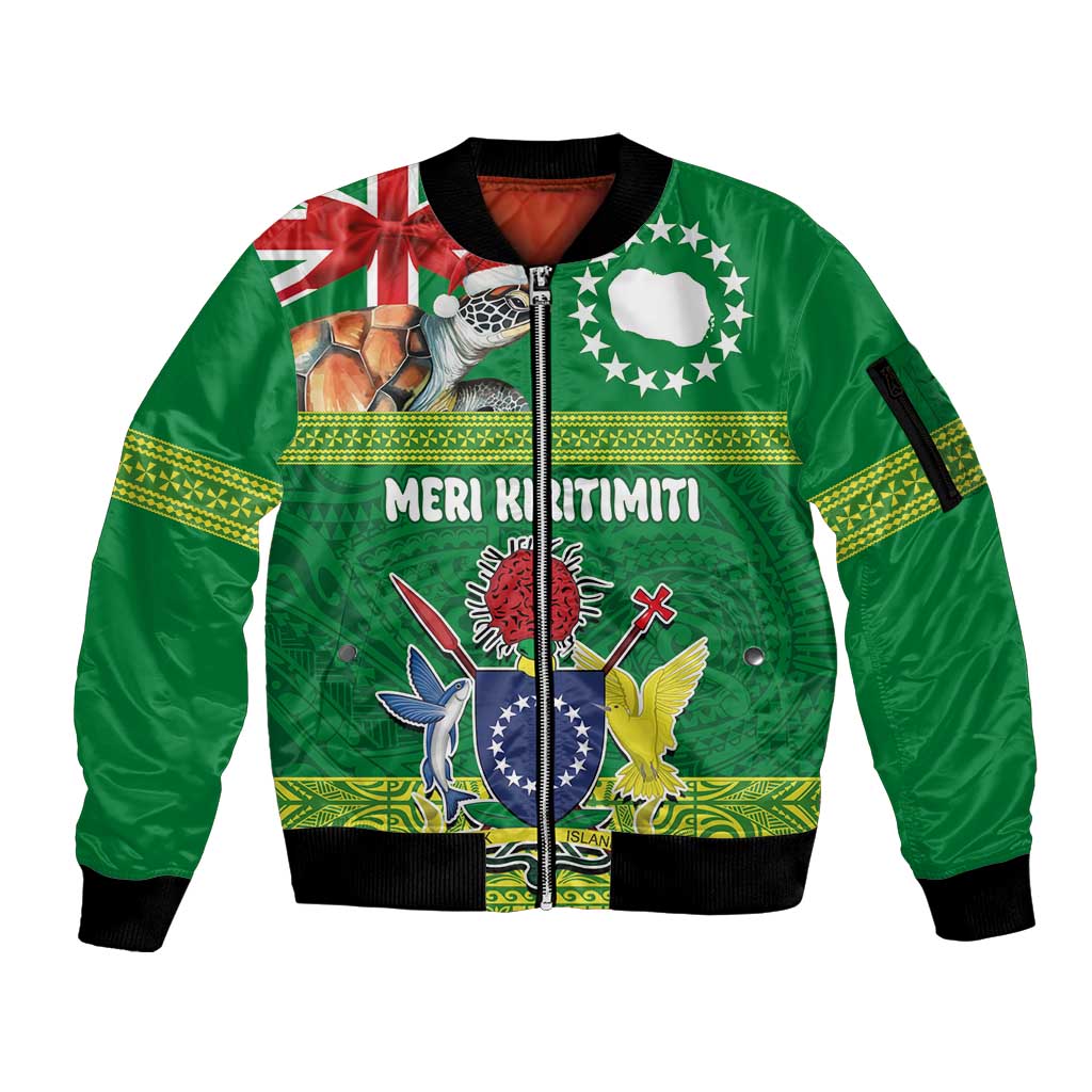 Cook Islands Meri Kiritimiti Sleeve Zip Bomber Jacket Christmas Turtle - Cooks Islands Emblems and Polynesian Art Pattern LT03 Unisex Green - Polynesian Pride