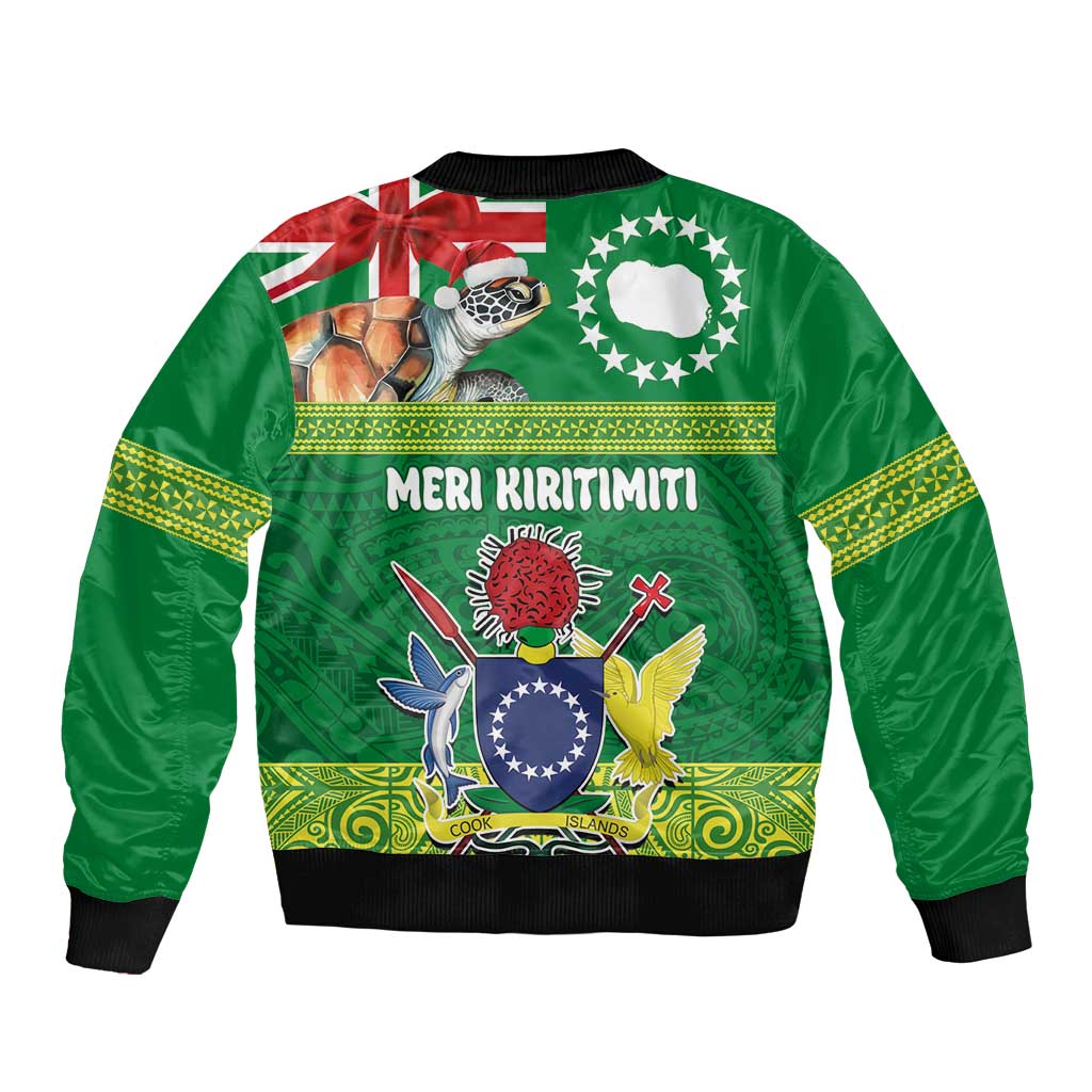 Cook Islands Meri Kiritimiti Sleeve Zip Bomber Jacket Christmas Turtle - Cooks Islands Emblems and Polynesian Art Pattern LT03 - Polynesian Pride