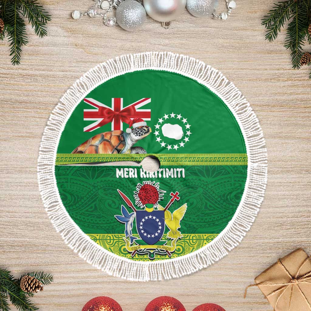 Cook Islands Meri Kiritimiti Tree Skirt Christmas Turtle - Cooks Islands Emblems and Polynesian Art Pattern LT03 Fringed Green - Polynesian Pride