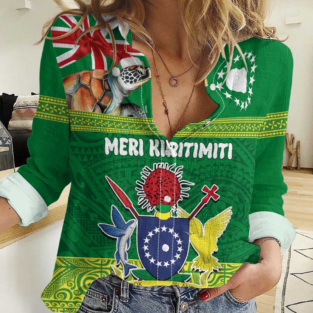 Cook Islands Meri Kiritimiti Women Casual Shirt Christmas Turtle - Cooks Islands Emblems and Polynesian Art Pattern LT03 Female Green - Polynesian Pride