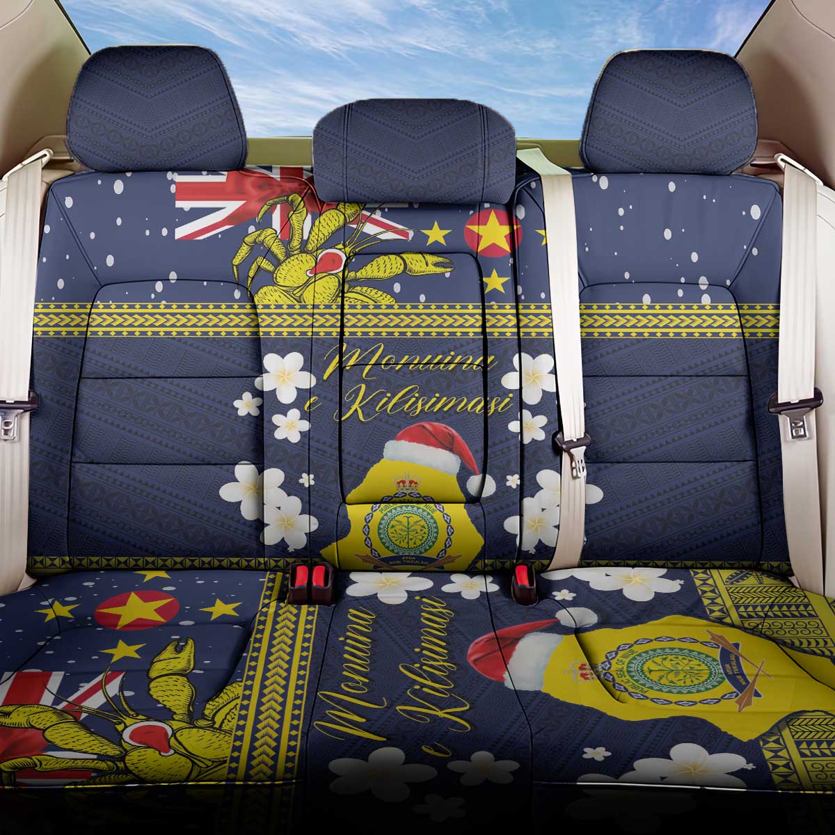 Niue Monuina e Kilisimasi Back Car Seat Cover Christmas Uga - Niue Map and Emblem with Hiapo Art Pattern LT03 One Size Yellow - Polynesian Pride