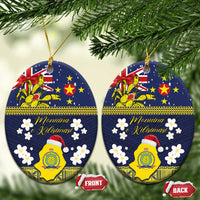 Niue Monuina e Kilisimasi Ceramic Ornament Christmas Uga - Niue Map and Emblem with Hiapo Art Pattern LT03 Oval Yellow - Polynesian Pride