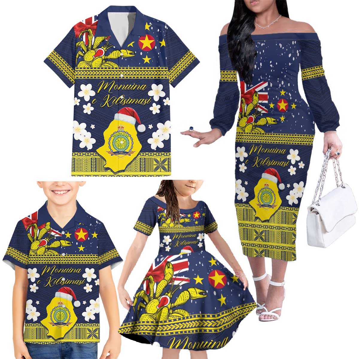 Niue Monuina e Kilisimasi Family Matching Off The Shoulder Long Sleeve Dress and Hawaiian Shirt Christmas Uga - Niue Map and Emblem with Hiapo Art Pattern