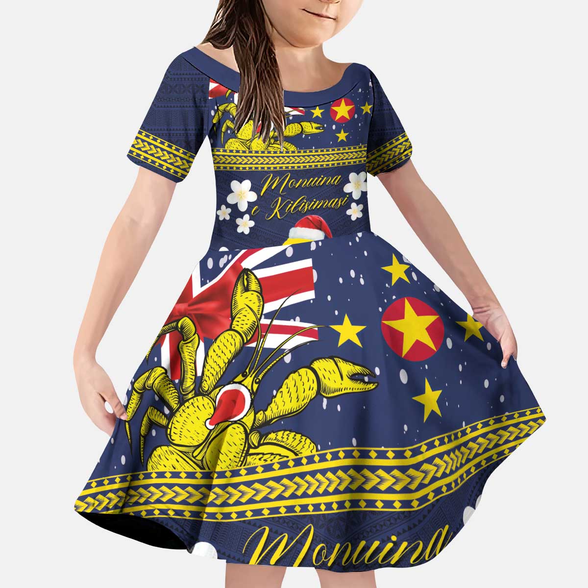 Niue Monuina e Kilisimasi Kid Short Sleeve Dress Christmas Uga - Niue Map and Emblem with Hiapo Art Pattern LT03 KID Yellow - Polynesian Pride