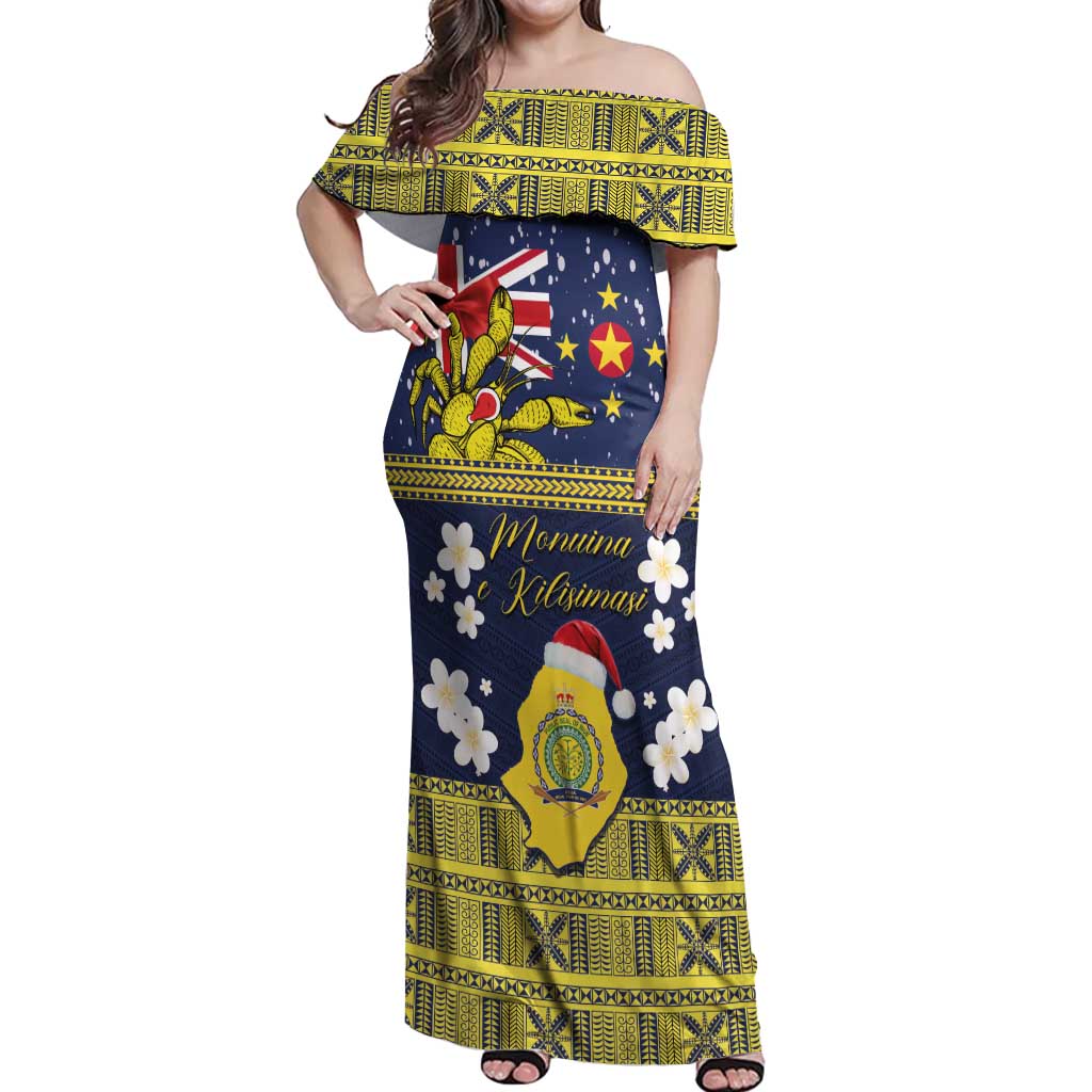 Niue Monuina e Kilisimasi Off Shoulder Maxi Dress Christmas Uga - Niue Map and Emblem with Hiapo Art Pattern LT03 Women Yellow - Polynesian Pride