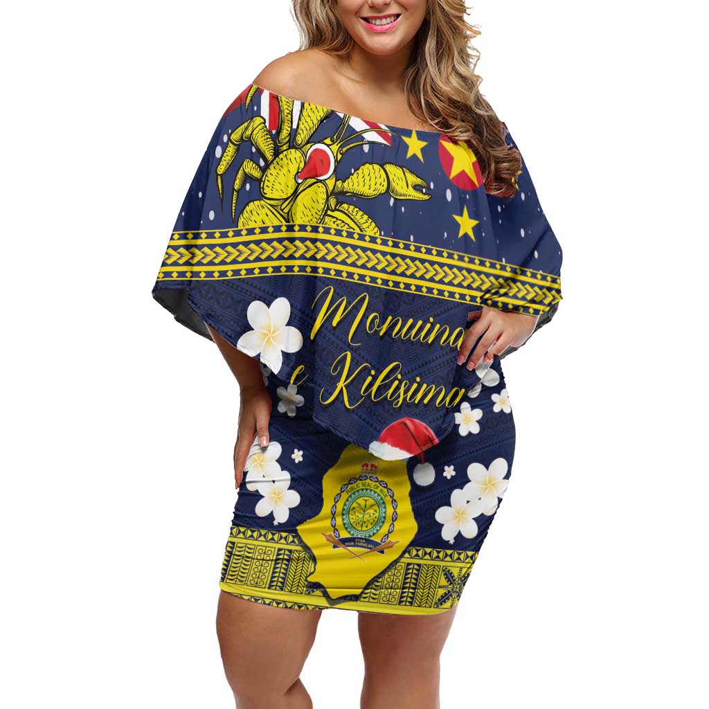 Niue Monuina e Kilisimasi Off Shoulder Short Dress Christmas Uga - Niue Map and Emblem with Hiapo Art Pattern LT03 Women Yellow - Polynesian Pride