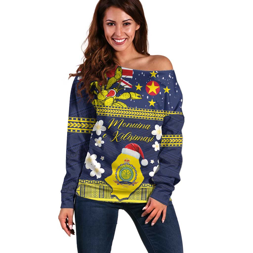Niue Monuina e Kilisimasi Off Shoulder Sweater Christmas Uga - Niue Map and Emblem with Hiapo Art Pattern LT03 Women Yellow - Polynesian Pride