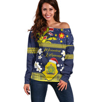 Niue Monuina e Kilisimasi Off Shoulder Sweater Christmas Uga - Niue Map and Emblem with Hiapo Art Pattern LT03 Women Yellow - Polynesian Pride