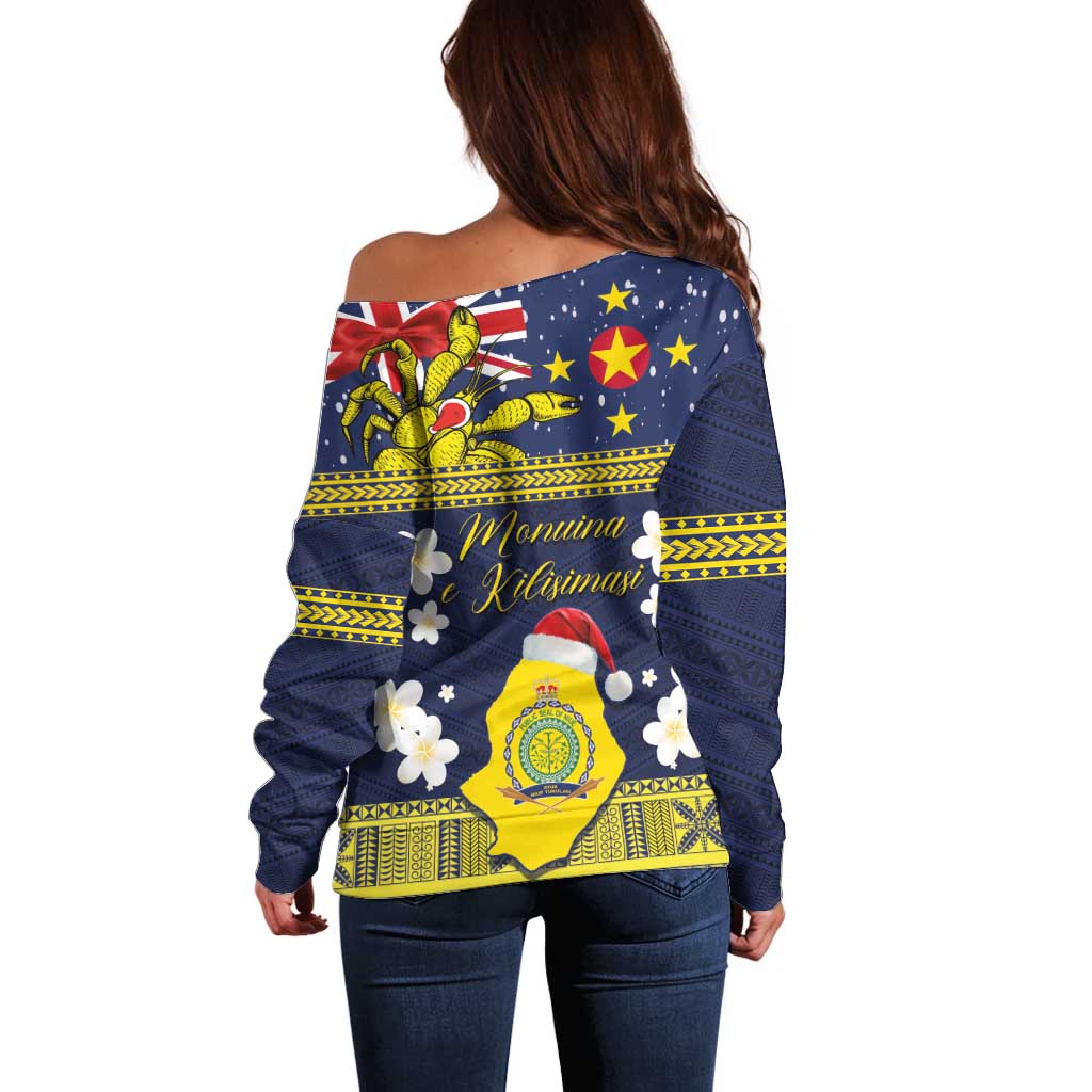 Niue Monuina e Kilisimasi Off Shoulder Sweater Christmas Uga - Niue Map and Emblem with Hiapo Art Pattern LT03 - Polynesian Pride