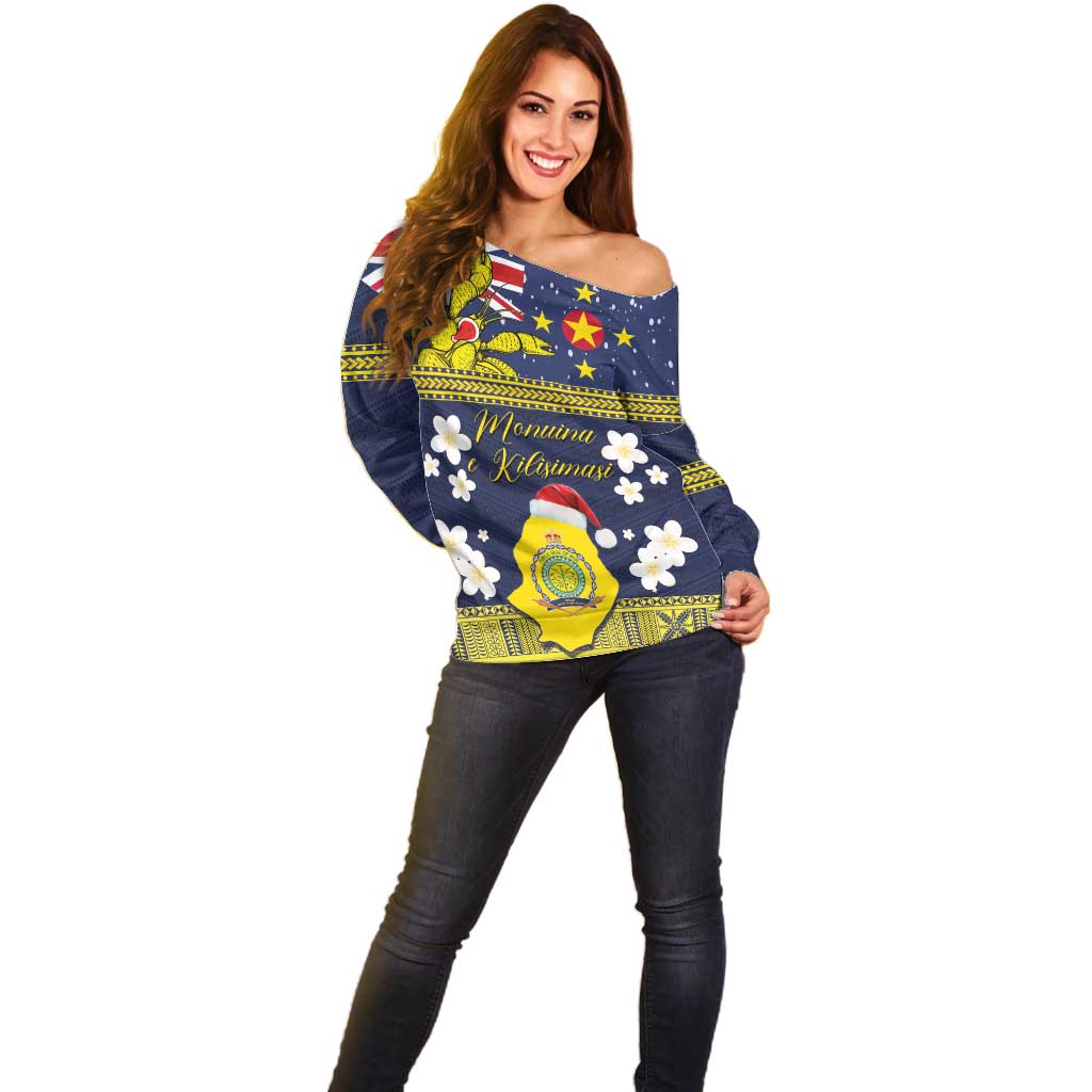 Niue Monuina e Kilisimasi Off Shoulder Sweater Christmas Uga - Niue Map and Emblem with Hiapo Art Pattern LT03 - Polynesian Pride