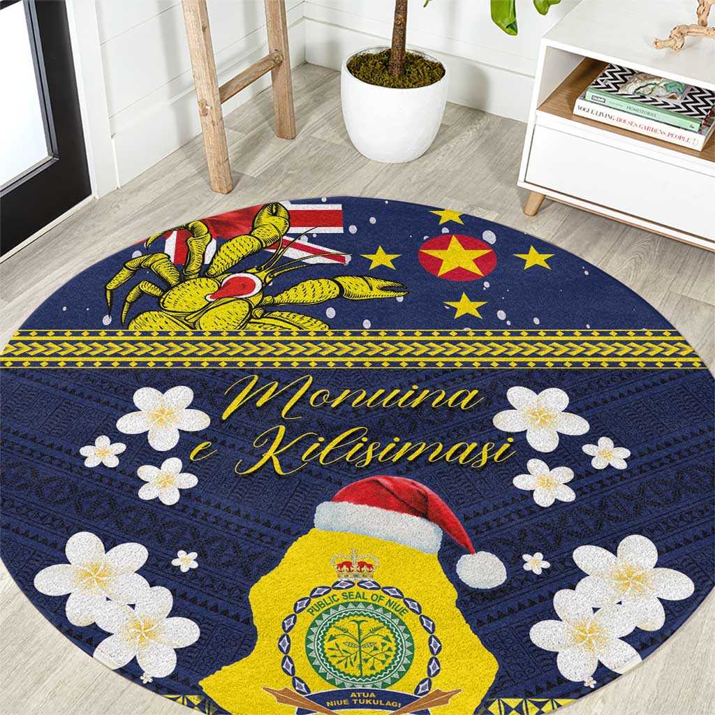 Niue Monuina e Kilisimasi Round Carpet Christmas Uga - Niue Map and Emblem with Hiapo Art Pattern LT03 Yellow - Polynesian Pride