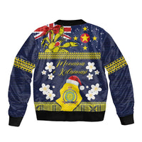 Niue Monuina e Kilisimasi Sleeve Zip Bomber Jacket Christmas Uga - Niue Map and Emblem with Hiapo Art Pattern LT03 - Polynesian Pride