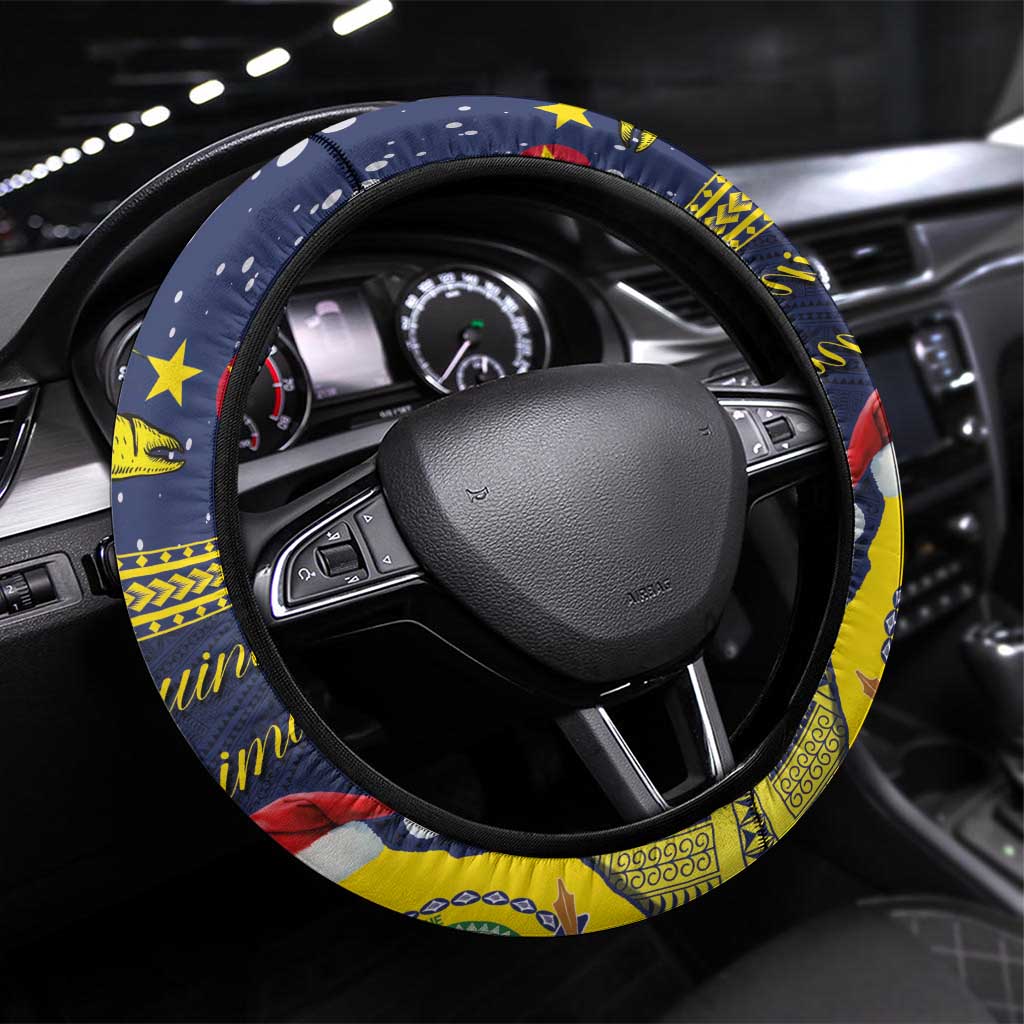 Niue Monuina e Kilisimasi Steering Wheel Cover Christmas Uga - Niue Map and Emblem with Hiapo Art Pattern LT03 Universal Fit Yellow - Polynesian Pride