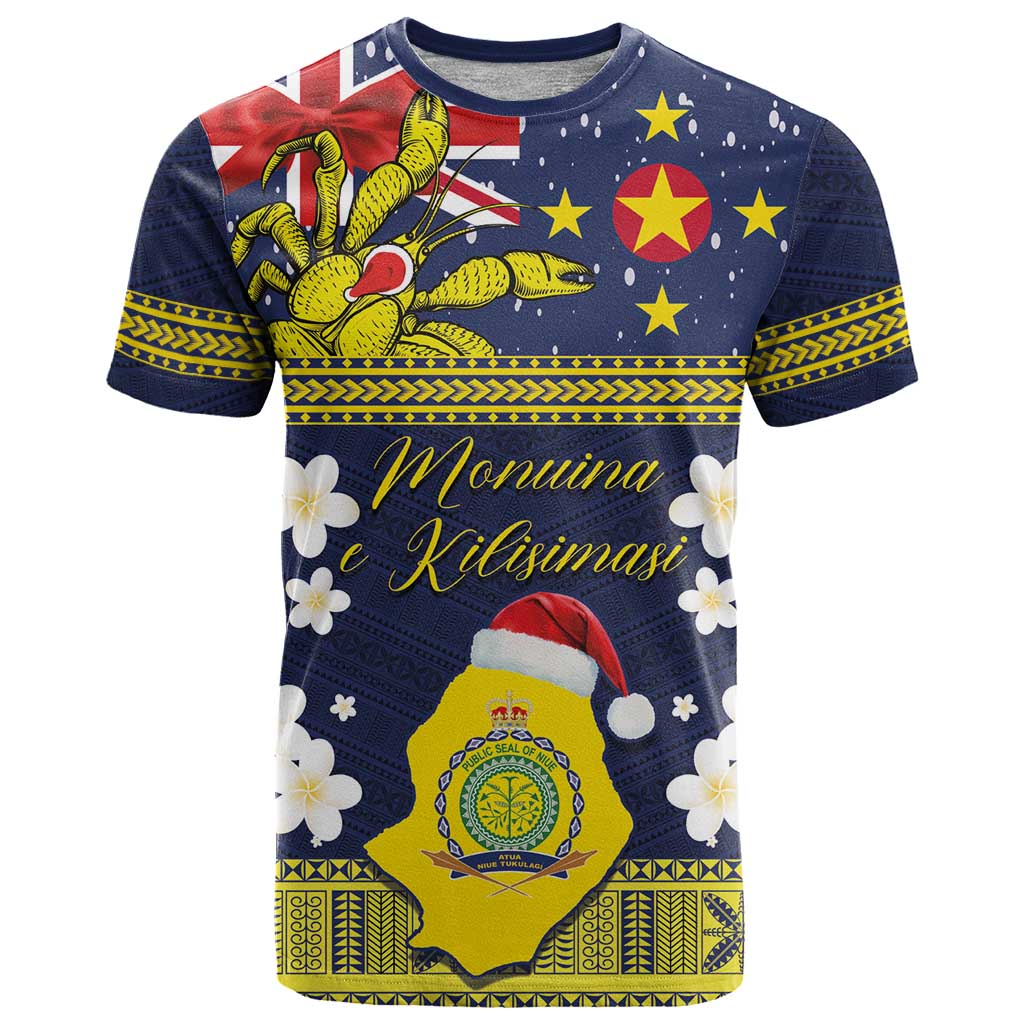 Niue Monuina e Kilisimasi T Shirt Christmas Uga - Niue Map and Emblem with Hiapo Art Pattern