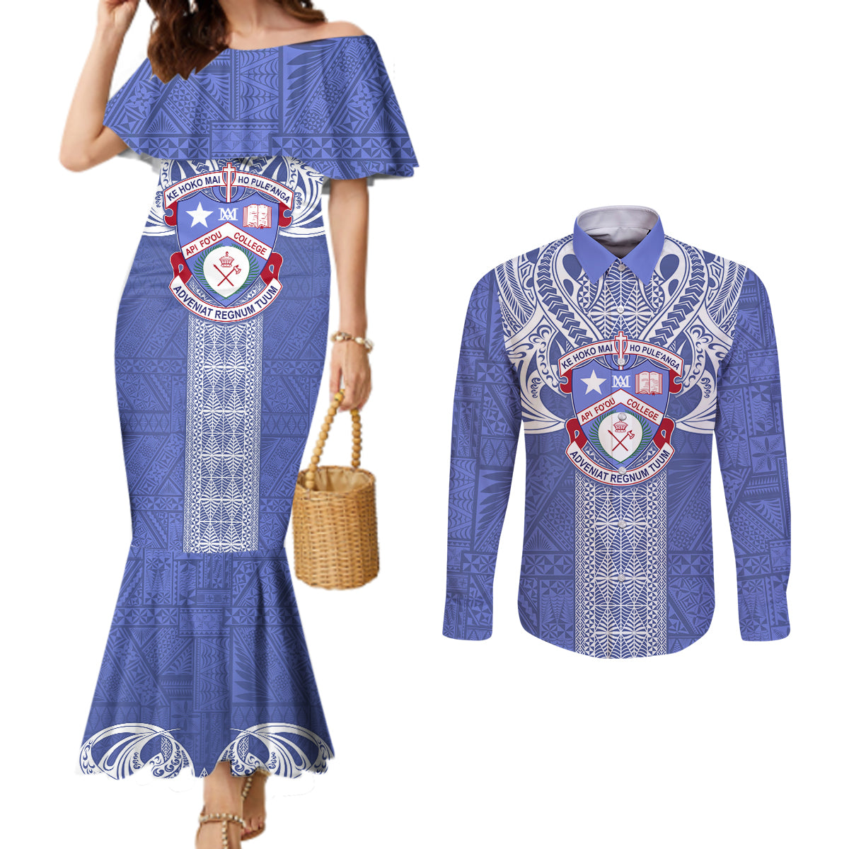 Tonga Apifoou School Couples Matching Mermaid Dress and Long Sleeve Button Shirt Ngatu and Polynesian Pattern LT03 Blue - Polynesian Pride