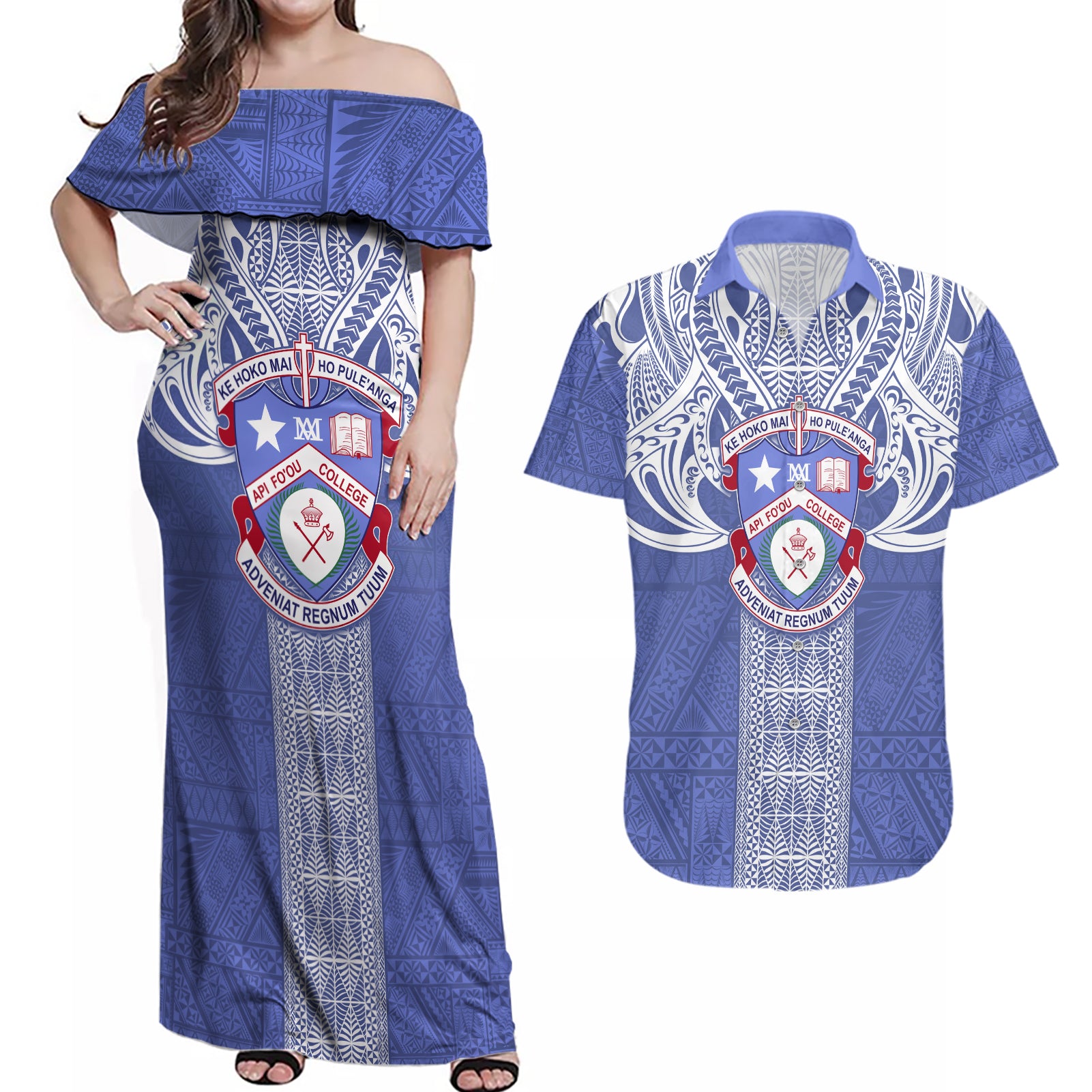 Tonga Apifoou School Couples Matching Off Shoulder Maxi Dress and Hawaiian Shirt Ngatu and Polynesian Pattern LT03 Blue - Polynesian Pride