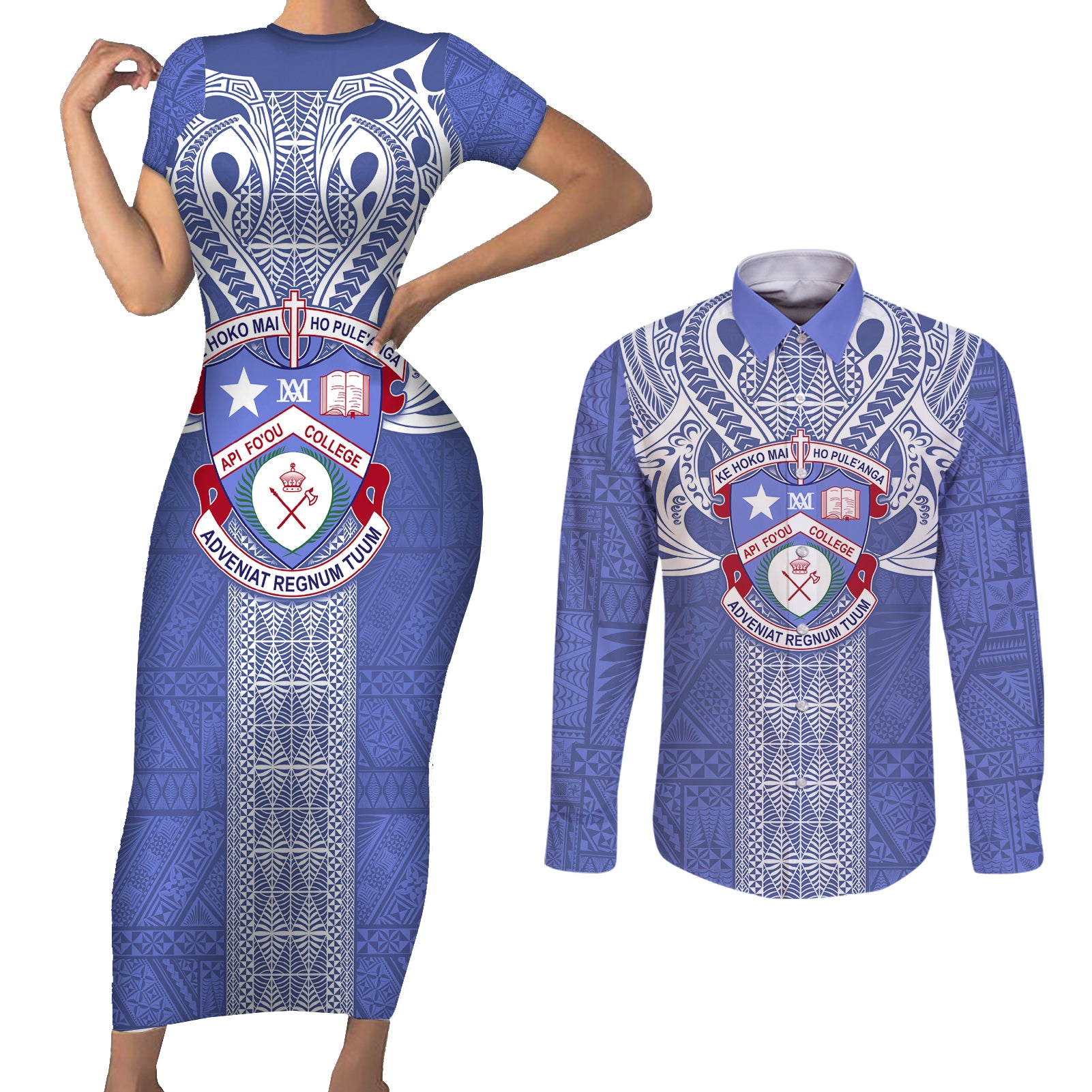 Tonga Apifoou School Couples Matching Short Sleeve Bodycon Dress and Long Sleeve Button Shirt Ngatu and Polynesian Pattern LT03 Blue - Polynesian Pride