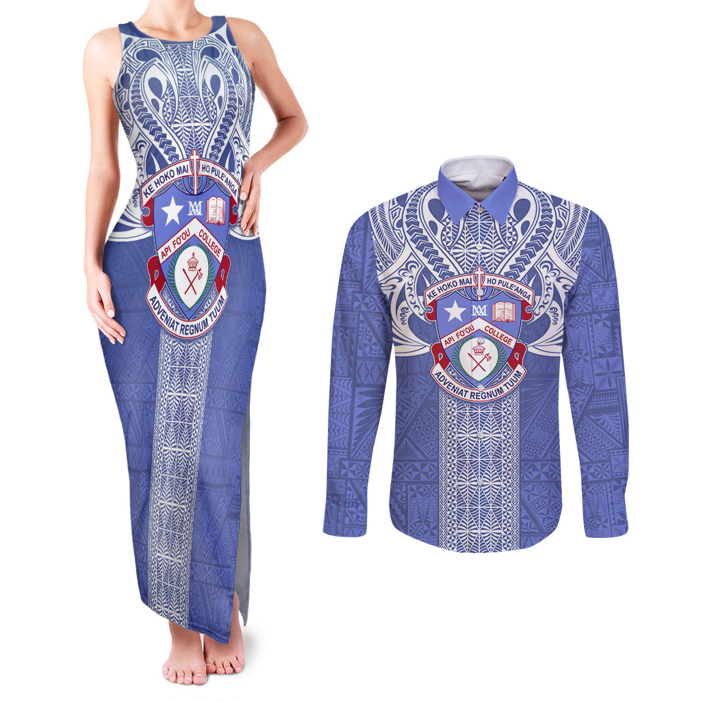 Tonga Apifoou School Couples Matching Tank Maxi Dress and Long Sleeve Button Shirt Ngatu and Polynesian Pattern LT03 Blue - Polynesian Pride