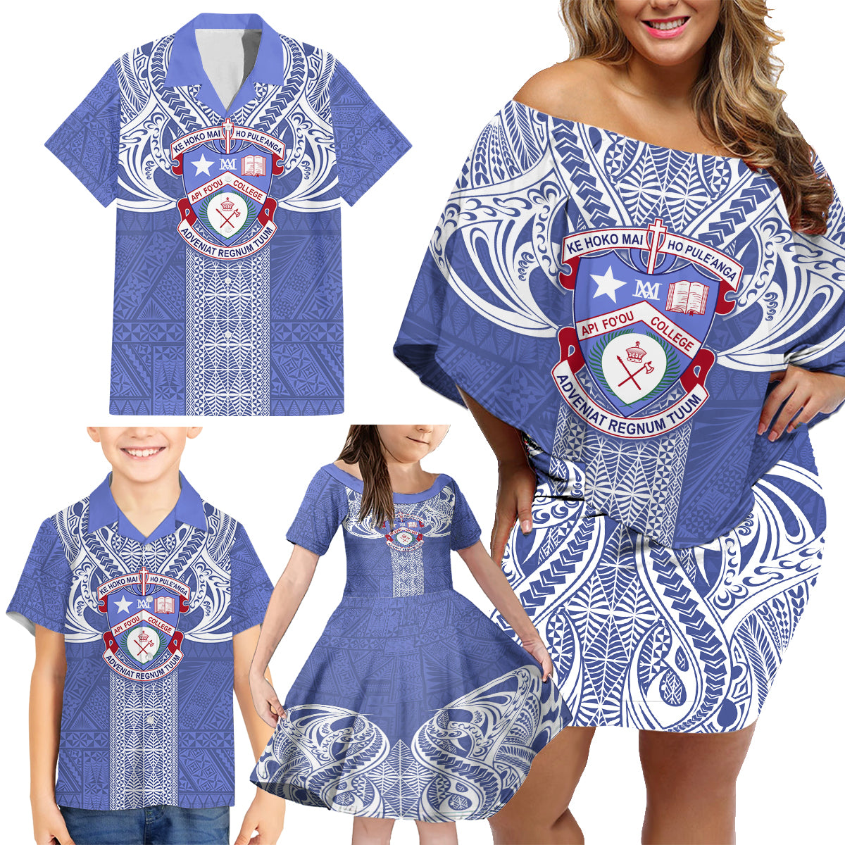 Tonga Apifoou School Family Matching Off Shoulder Short Dress and Hawaiian Shirt Ngatu and Polynesian Pattern LT03 - Polynesian Pride