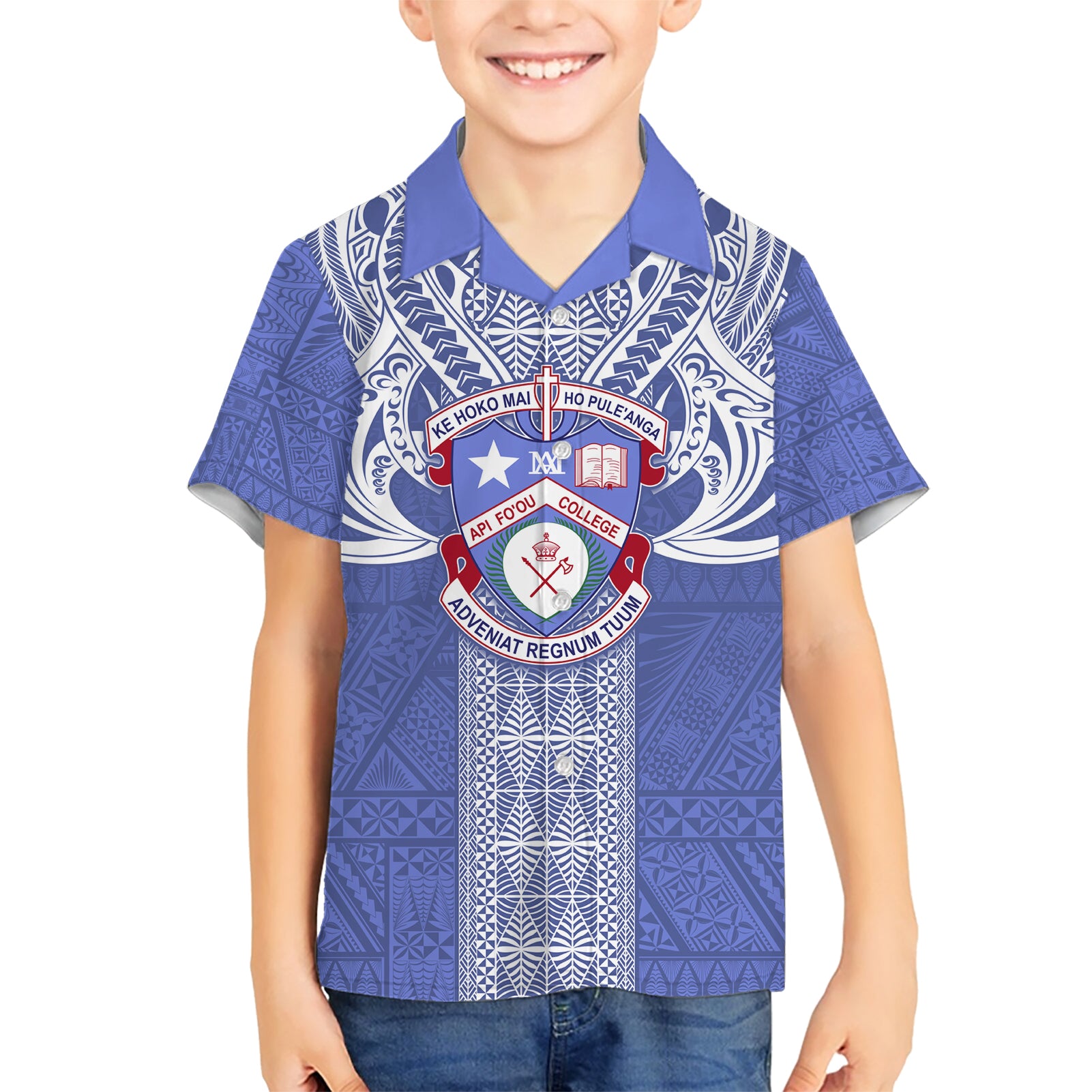 Tonga Apifoou School Kid Hawaiian Shirt Ngatu and Polynesian Pattern LT03 Kid Blue - Polynesian Pride