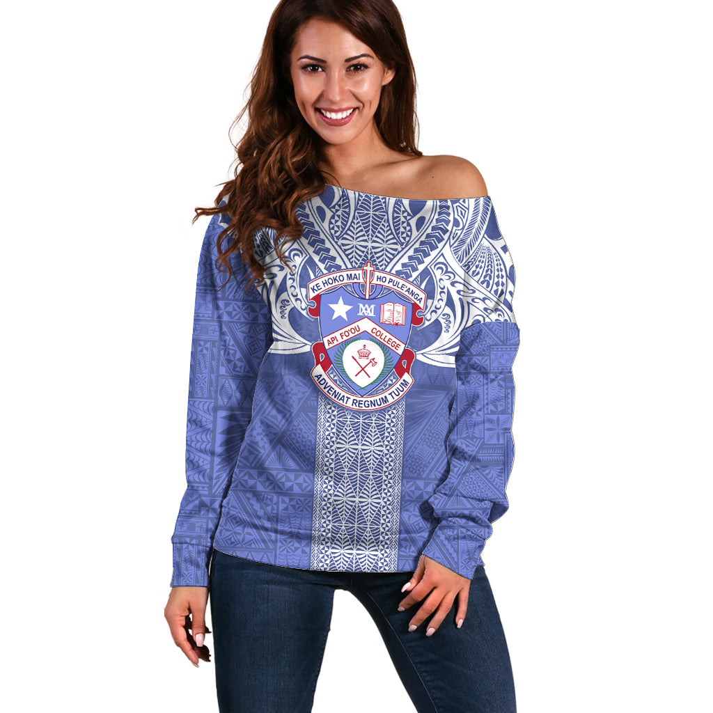 Tonga Apifoou School Off Shoulder Sweater Ngatu and Polynesian Pattern LT03 Women Blue - Polynesian Pride