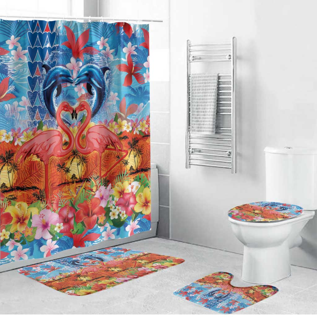 Hawaiian Love-Couple Dolphins and Flamingos Bathroom Set LT03 Bathroom Set (4 pcs) Multicolor - Polynesian Pride