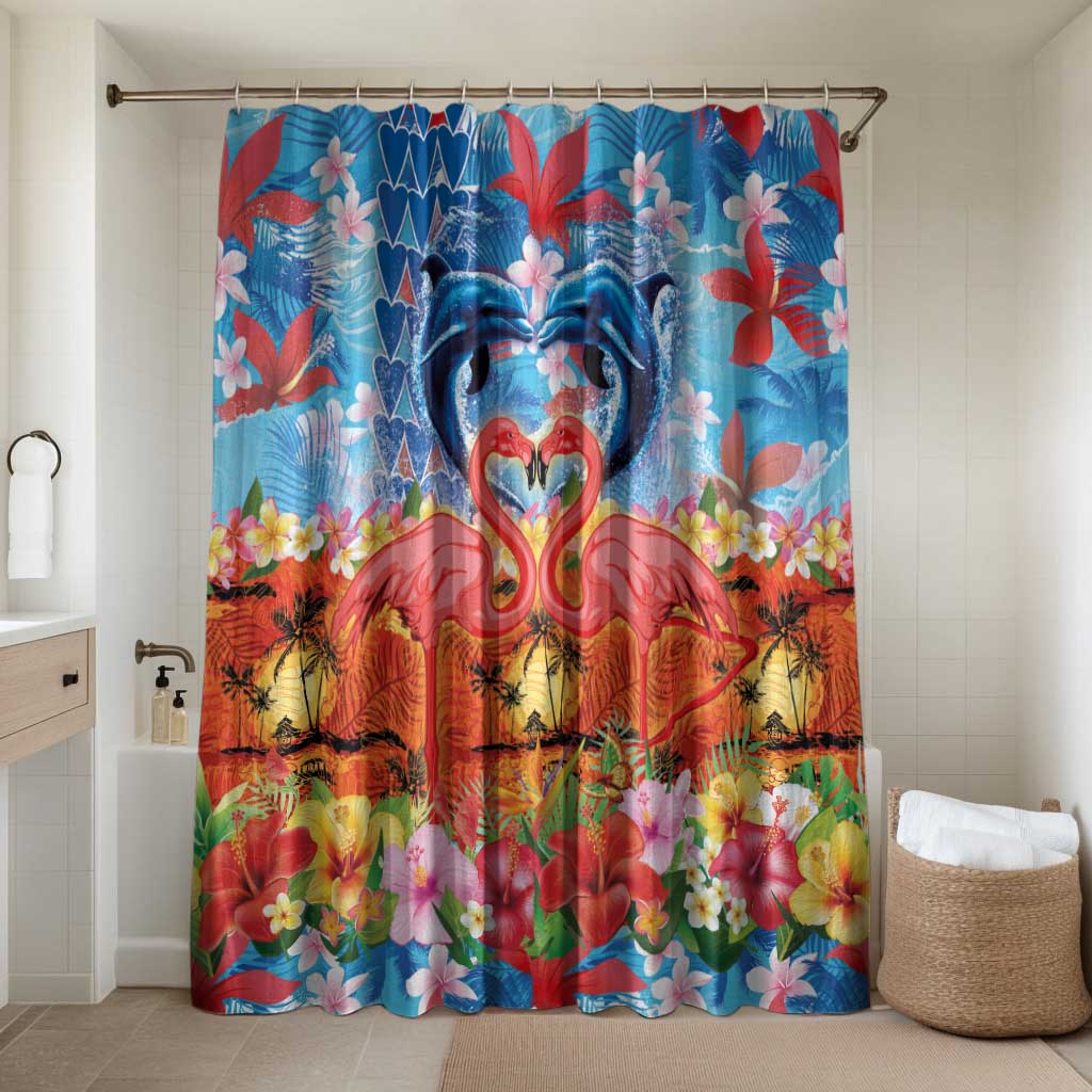 Hawaiian Love-Couple Dolphins and Flamingos Bathroom Set LT03 Shower Curtain Only Multicolor - Polynesian Pride