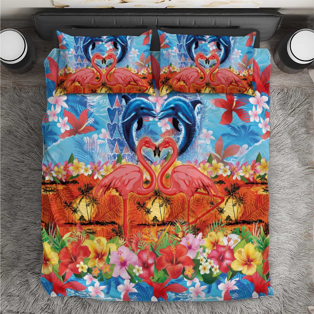 Hawaiian Love-Couple Dolphins and Flamingos Bedding Set LT03 Multicolor - Polynesian Pride