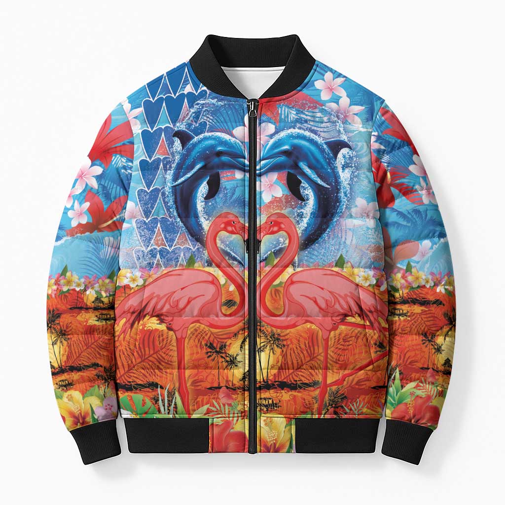 Hawaiian Love-Couple Dolphins and Flamingos Bomber Puffer Jacket LT03 Unisex Multicolor - Polynesian Pride