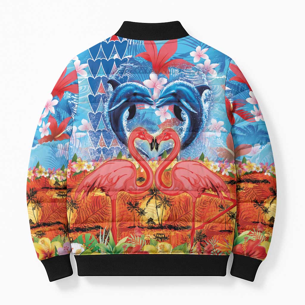 Hawaiian Love-Couple Dolphins and Flamingos Bomber Puffer Jacket LT03 - Polynesian Pride