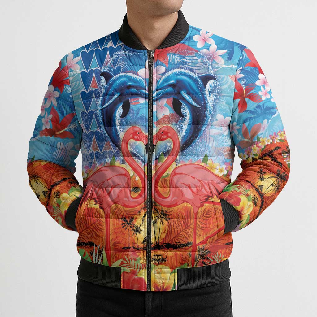 Hawaiian Love-Couple Dolphins and Flamingos Bomber Puffer Jacket LT03 - Polynesian Pride