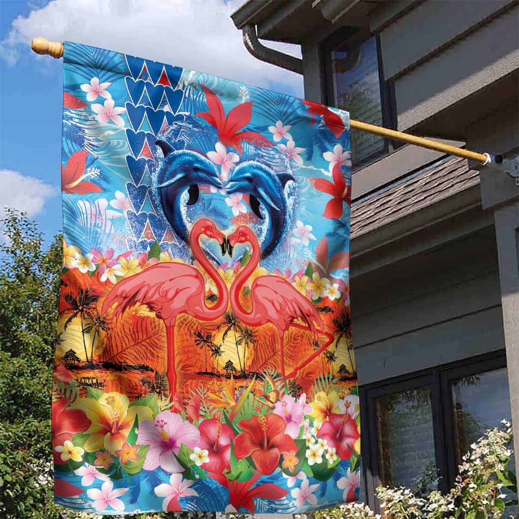 Hawaiian Love-Couple Dolphins and Flamingos Garden Flag LT03 - Polynesian Pride