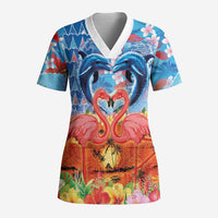 Hawaiian Love-Couple Dolphins and Flamingos Scrub Top LT03 Adult Multicolor - Polynesian Pride