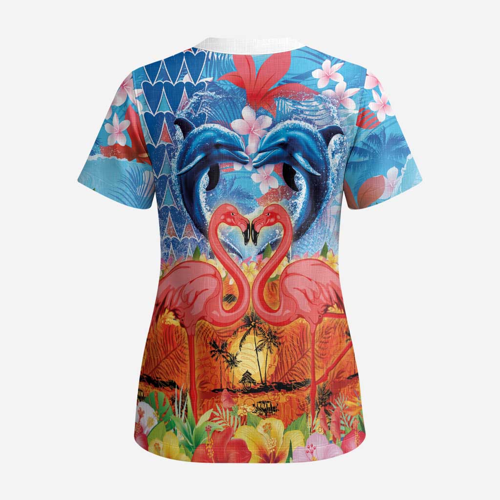 Hawaiian Love-Couple Dolphins and Flamingos Scrub Top LT03 - Polynesian Pride