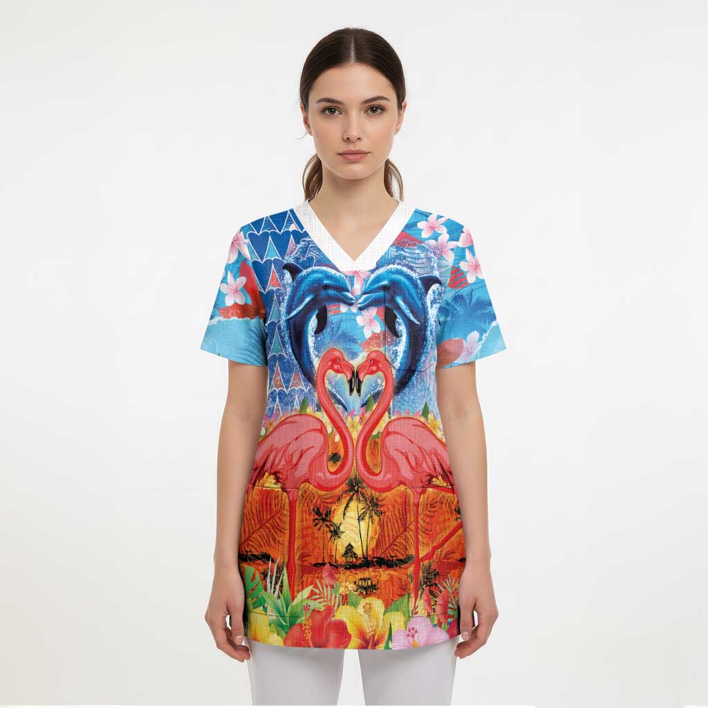 Hawaiian Love-Couple Dolphins and Flamingos Scrub Top LT03 - Polynesian Pride