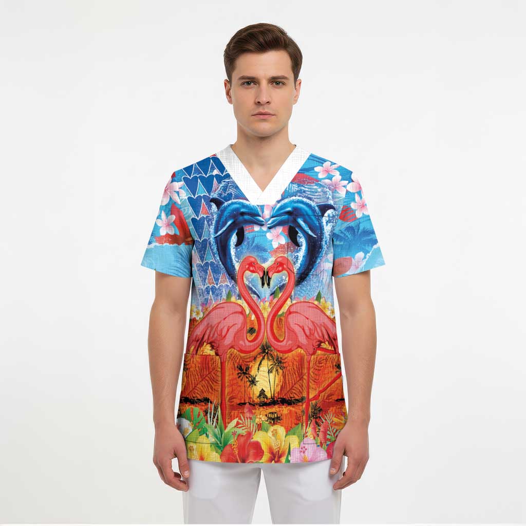 Hawaiian Love-Couple Dolphins and Flamingos Scrub Top LT03 - Polynesian Pride