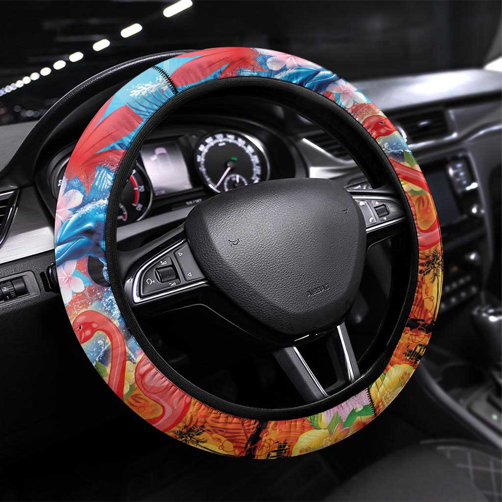 Hawaiian Love-Couple Dolphins and Flamingos Steering Wheel Cover LT03 Universal Fit Multicolor - Polynesian Pride