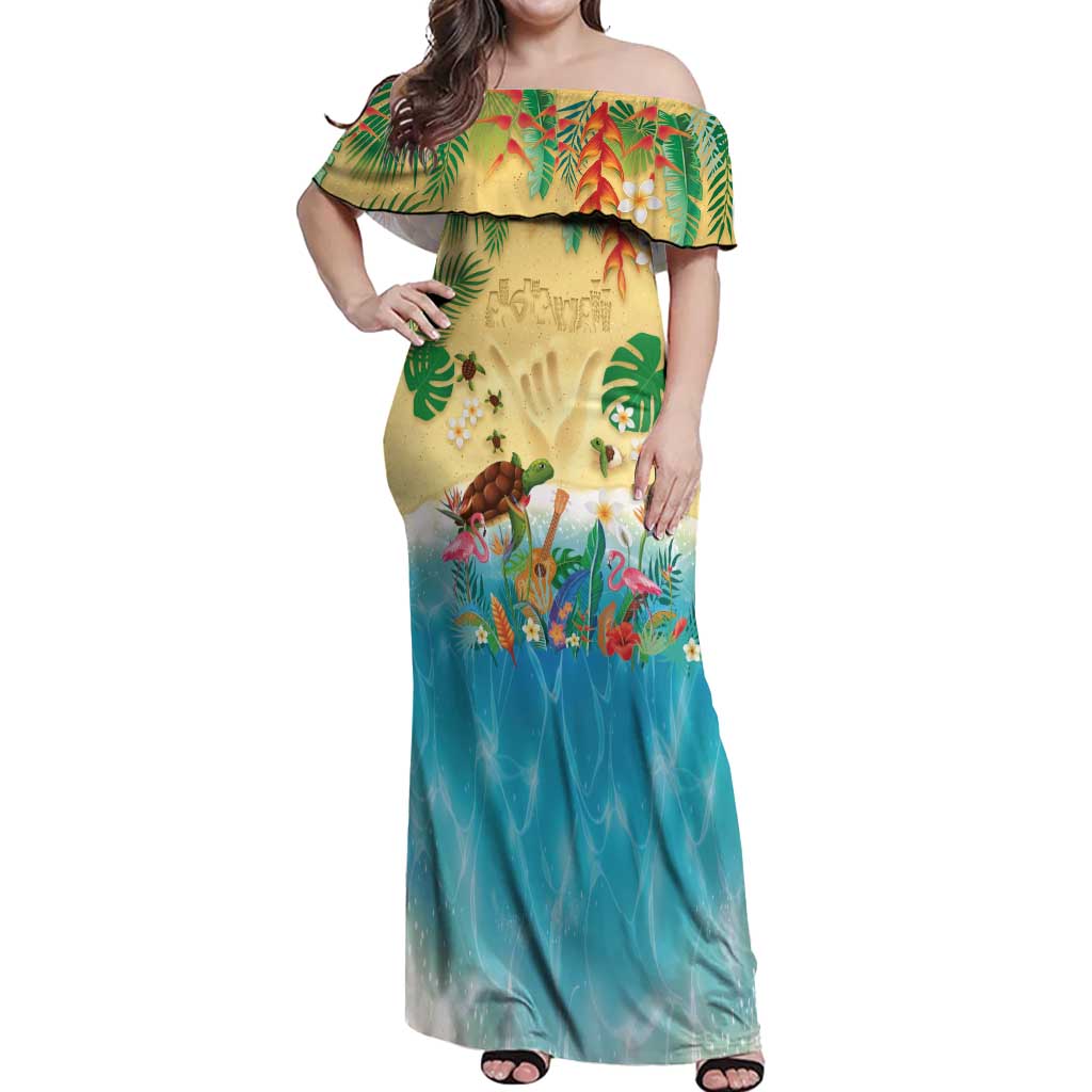 Hawaiian Alohawaii Off Shoulder Maxi Dress Tropical Plants and Animals on The Beach LT03 Women Multicolor - Polynesian Pride
