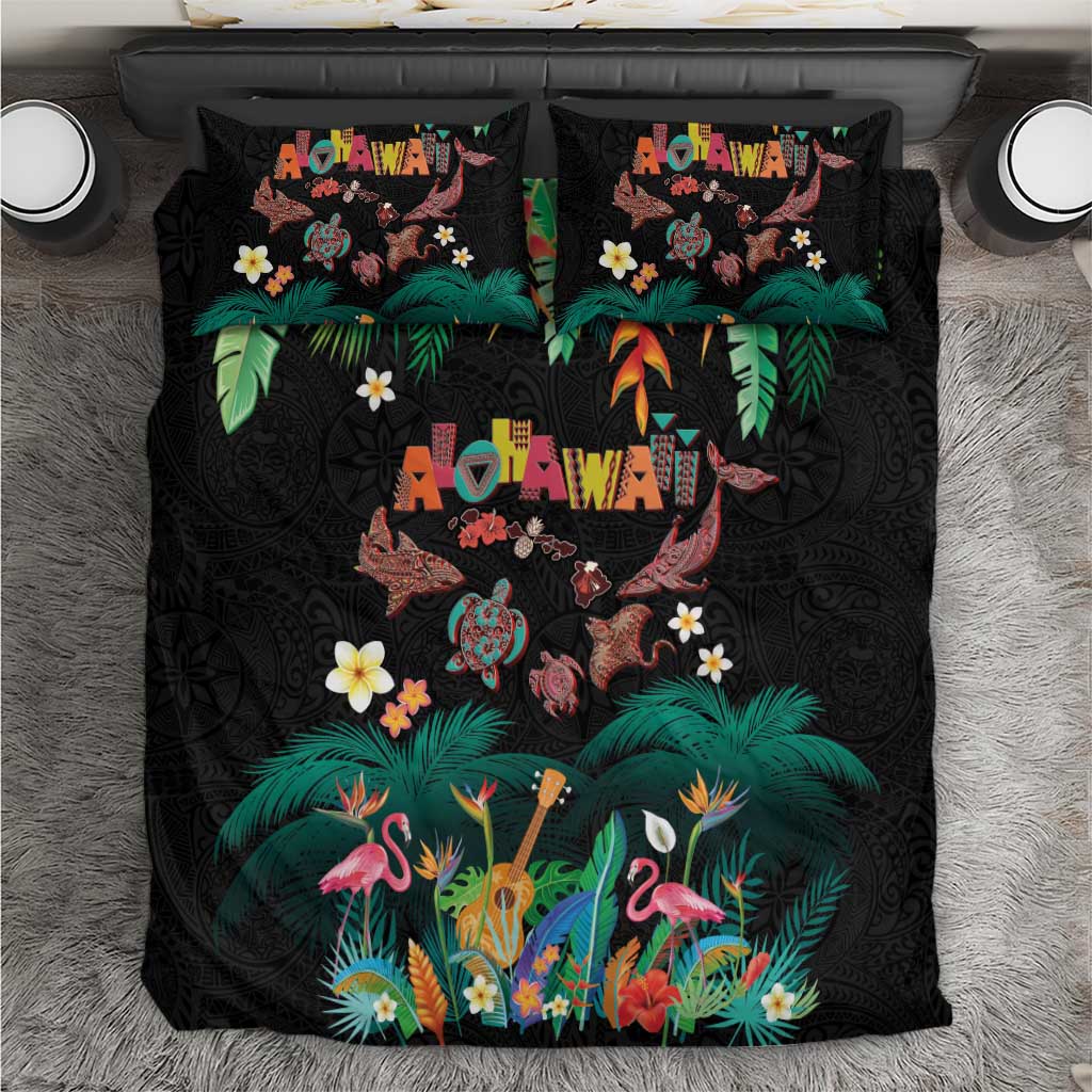 Hawaiian Alohawaii Bedding Set Tribal Sea Animals Tattoo and Tropical Plants LT03 Black - Polynesian Pride