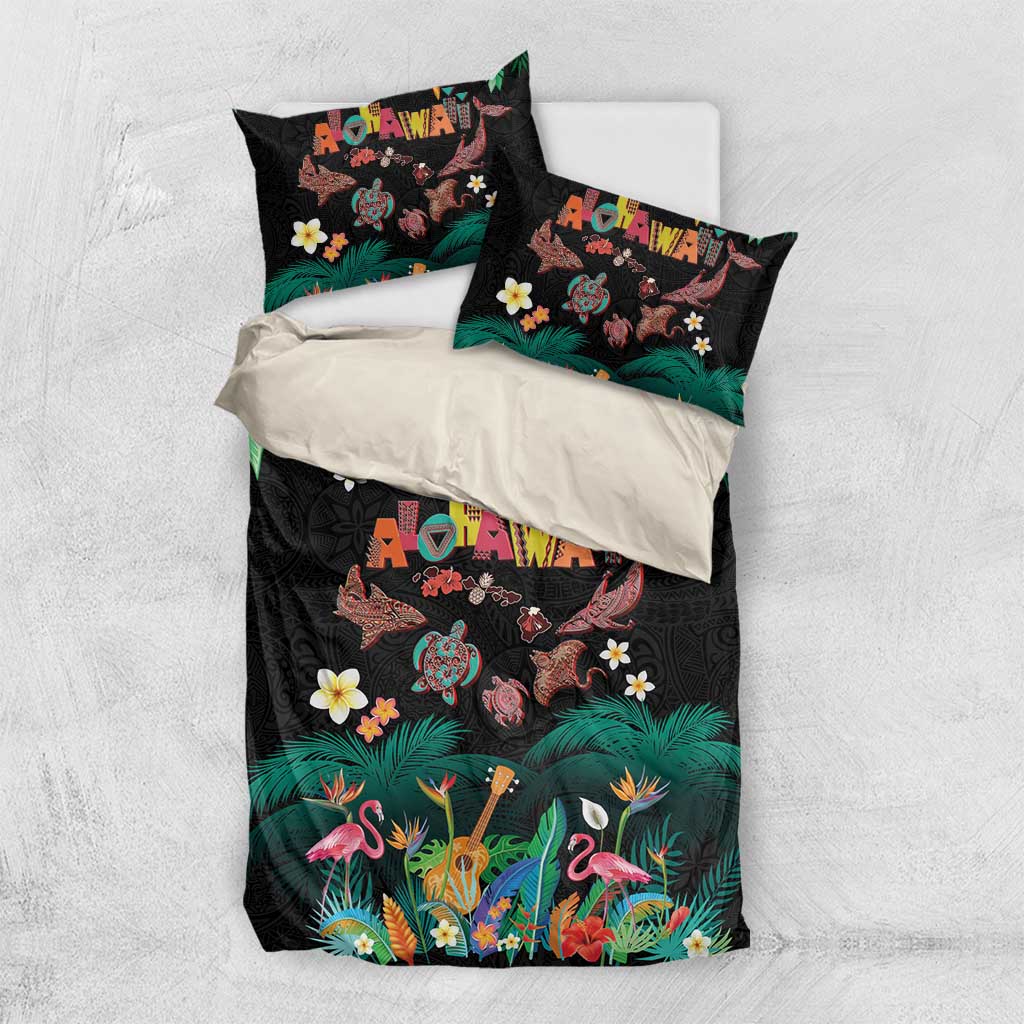 Hawaiian Alohawaii Bedding Set Tribal Sea Animals Tattoo and Tropical Plants LT03 US Twin 172cm x 218cm Black - Polynesian Pride
