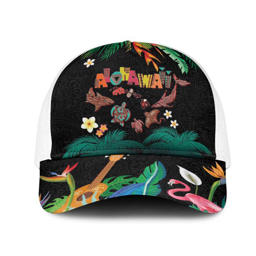 Hawaiian Alohawaii Mesh Trucker Cap Tribal Sea Animals Tattoo and Tropical Plants LT03 One Size White Black - Polynesian Pride