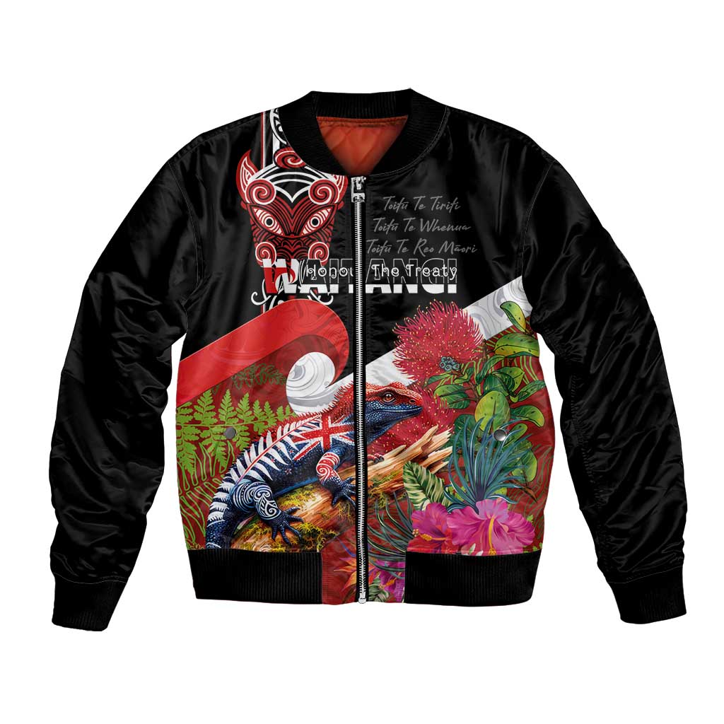 Aotearoa Toitu Te Tiriti Bomber Jacket Waitangi-Honour The Treaty NZ Tuatara and Plants LT03 Unisex Multicolor - Polynesian Pride