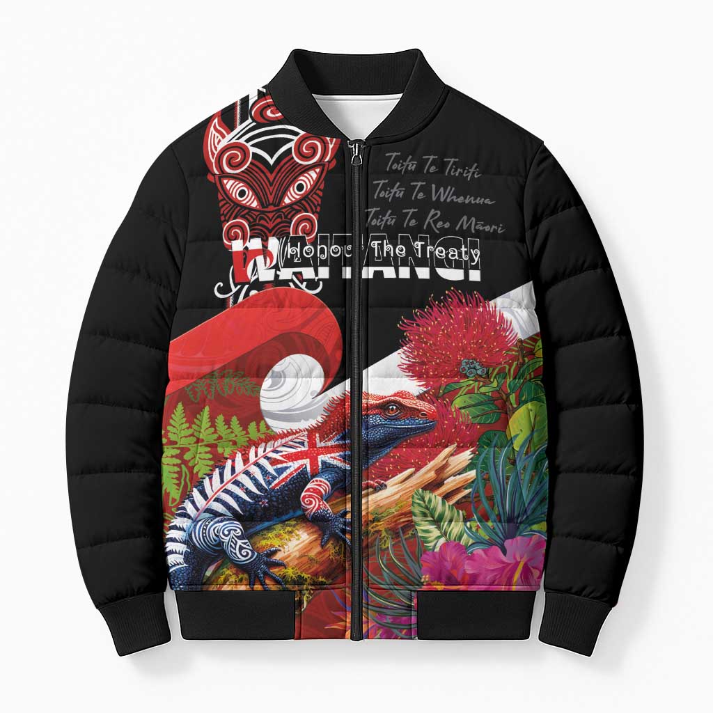 Aotearoa Toitu Te Tiriti Bomber Puffer Jacket Waitangi-Honour The Treaty NZ Tuatara and Plants LT03 Unisex Multicolor - Polynesian Pride