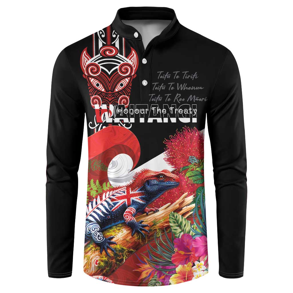 Aotearoa Toitu Te Tiriti Button Sweatshirt Waitangi-Honour The Treaty NZ Tuatara and Plants LT03 Multicolor - Polynesian Pride
