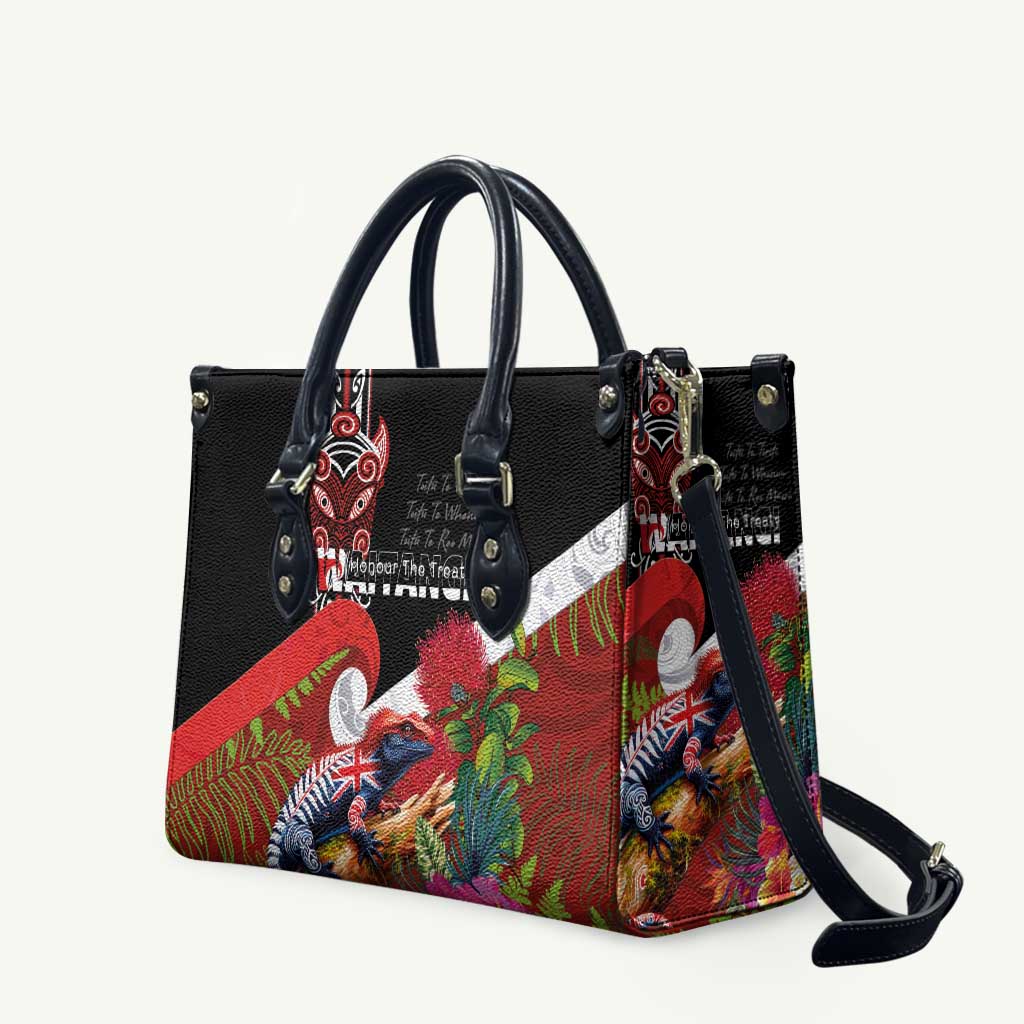 Aotearoa Toitu Te Tiriti Leather Bag Waitangi-Honour The Treaty NZ Tuatara and Plants LT03 Multicolor - Polynesian Pride