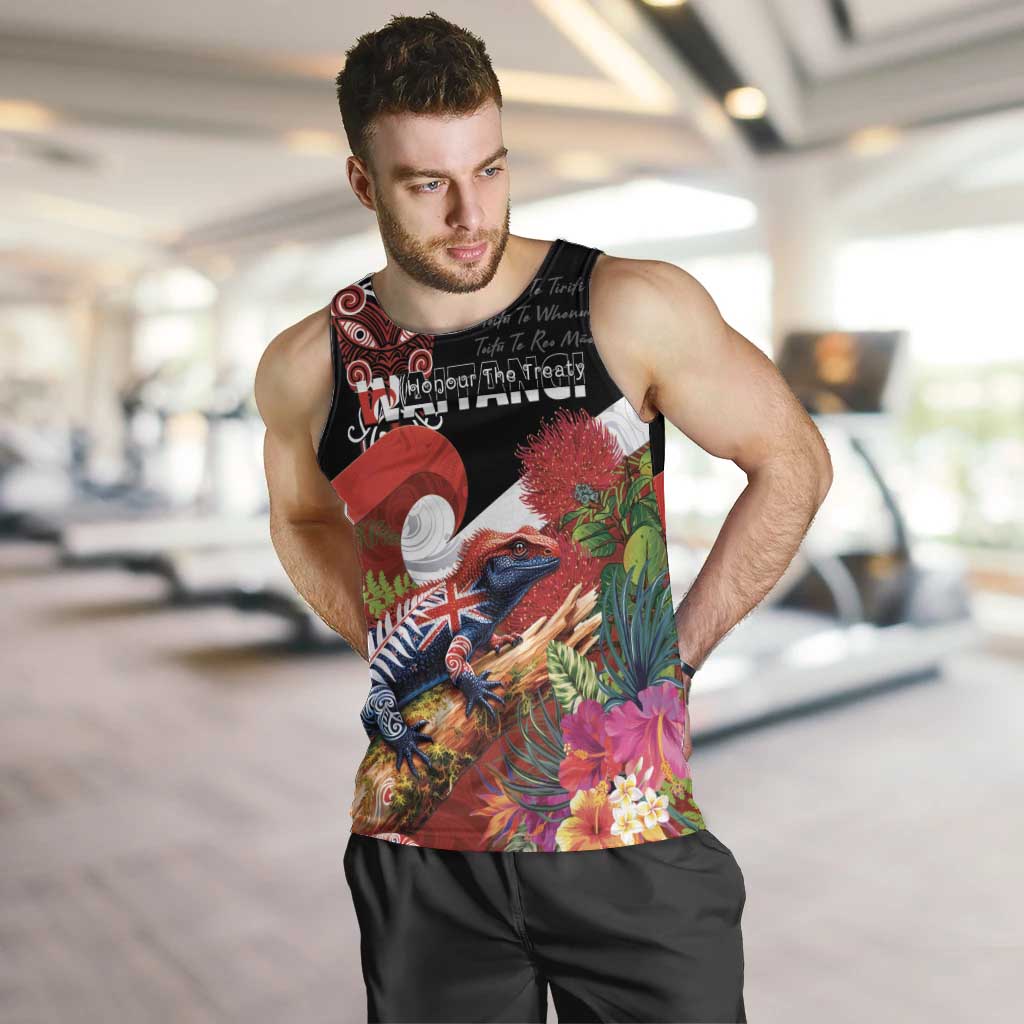 Aotearoa Toitu Te Tiriti Men Tank Top Waitangi-Honour The Treaty NZ Tuatara and Plants LT03 Multicolor - Polynesian Pride