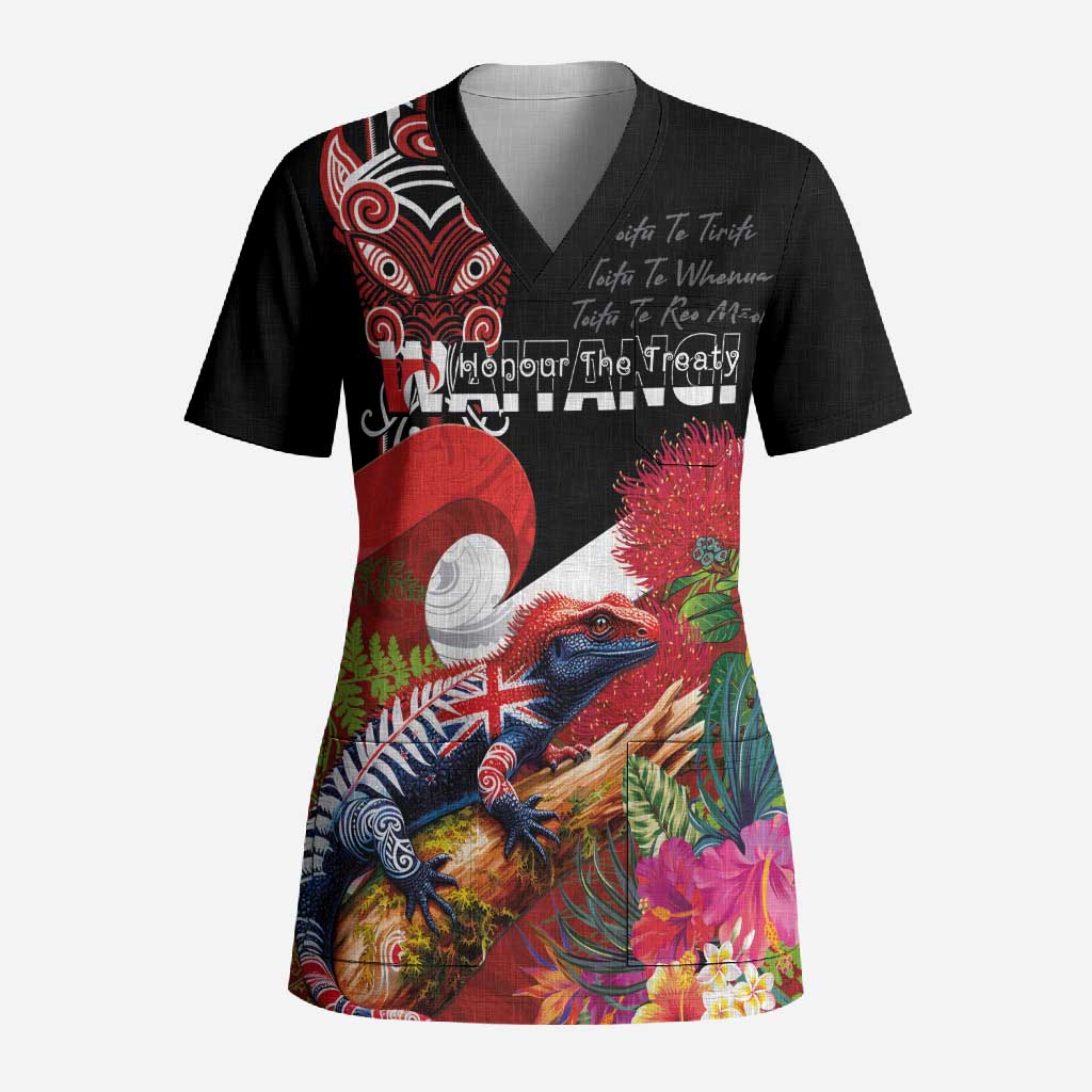 Aotearoa Toitu Te Tiriti Scrub Top Waitangi-Honour The Treaty NZ Tuatara and Plants LT03 Adult Multicolor - Polynesian Pride